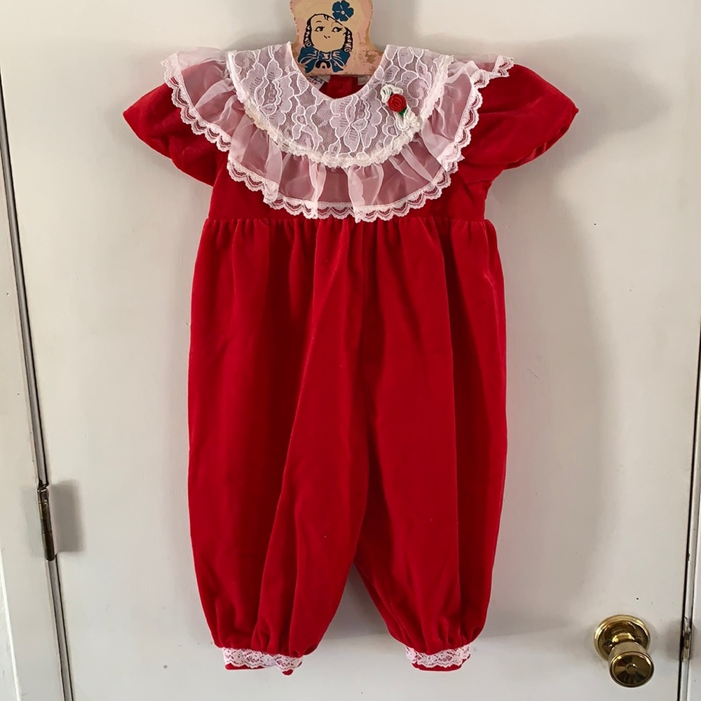 Kalula Kids vintage red velour one piece romper with large white lace collar